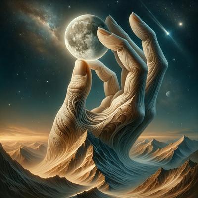 The primary subject of the image is a hand holding a moon. The hand is positioned in front of a backdrop of a mountain range. The visual style of the image is digital art, with the hand and moon being the main focus of the composition. The colors and mood of the image are predominantly dark, with the hand and moon being the main sources of light and contrast.